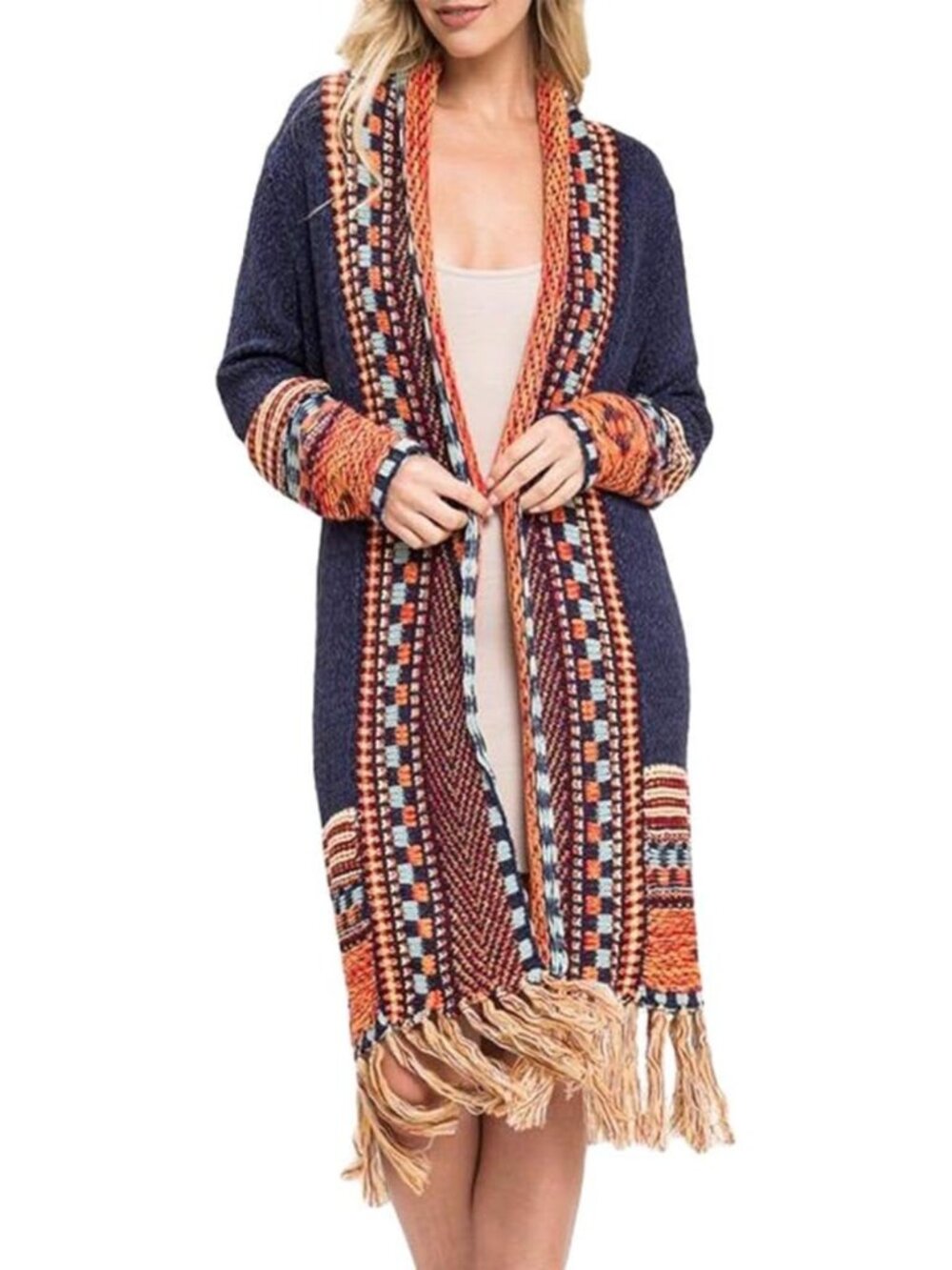 Women Boho Cardigan Sweater Long Open Front Maxi Knit Sweaters Aztec Tribal